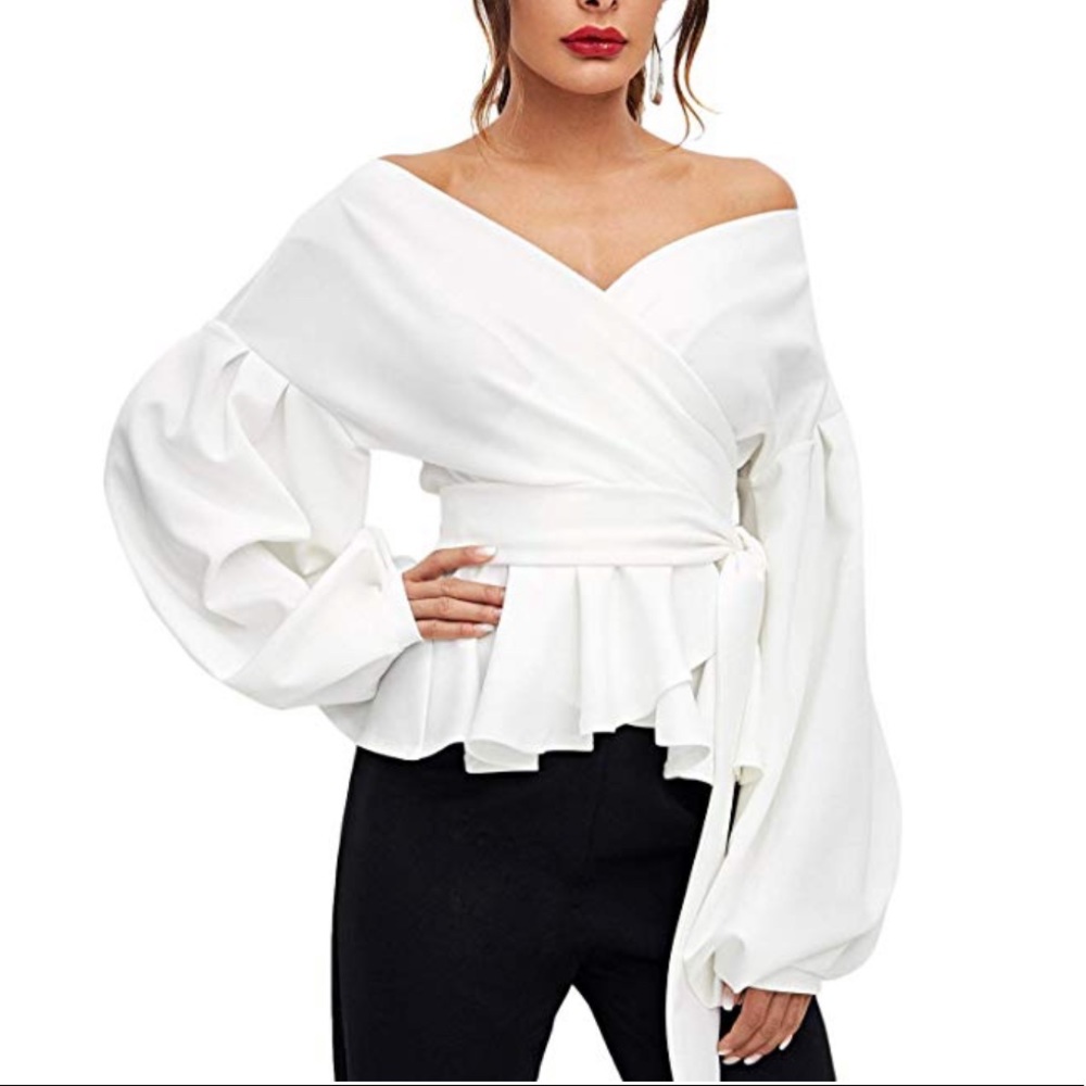 White off-should v-cut blouse.